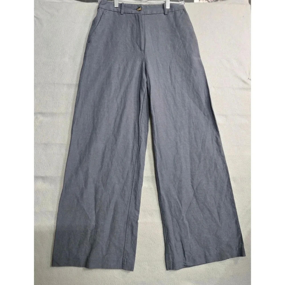 H&M Black Linen Blend Wide Leg Trousers High Waisted Pants Size US 4